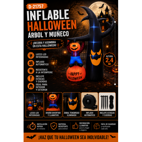 Inflable Halloween Árbol y Muñeco con Luces LED 2.4 m para Exterior e Interior D-21757