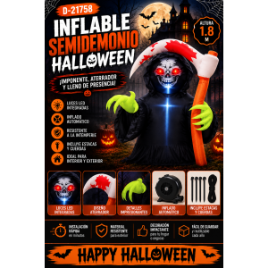 Inflable Halloween Semidemonio con Hacha y Luces LED 1.8 m para Exterior e Interior