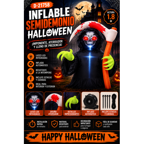 Inflable Halloween Semidemonio con Hacha y Luces LED 1.8 m para Exterior e Interior