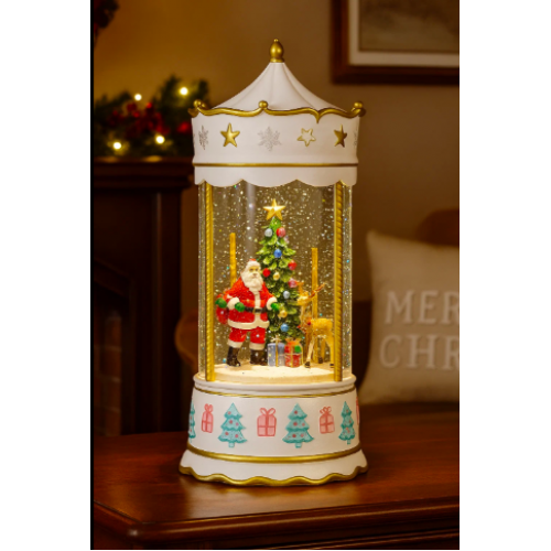 carrusel decorativo navideño con luz led, figuras de santa y árbol de navidad, escarchado giratorio, venta por mayoreo D-21794