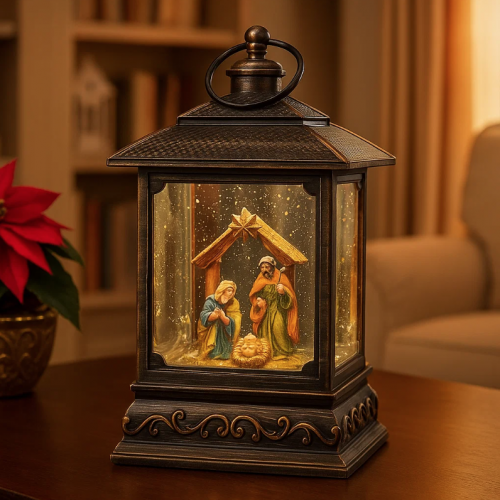 Lampara linterna decorativa navideña con nacimiento iluminado, luz led cálida y efecto copos de nieve, venta por mayoreo