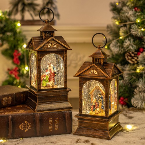 linterna decorativa navideña con luz led d-21797, diseño pesebre y escarchado, ideal para decoración de interiores, venta por mayoreo