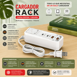 Cargador Rack Multicontacto con USB-C y USB-A Carga Rápida por Mayoreo