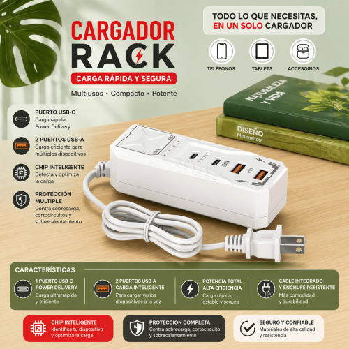 Cargador Rack Multicontacto con USB-C y USB-A Carga Rápida por Mayoreo