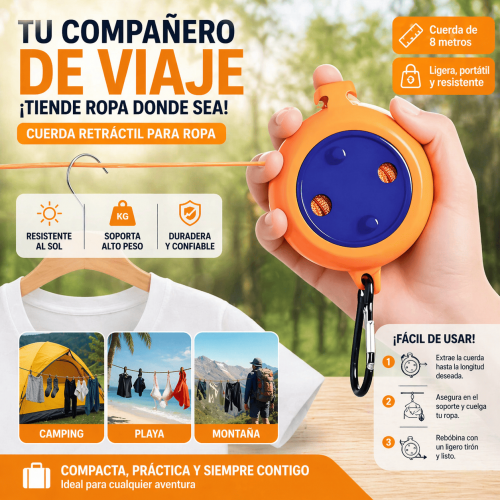 Cuerda Retráctil Portátil para Tender Ropa 8 Metros por Mayoreo