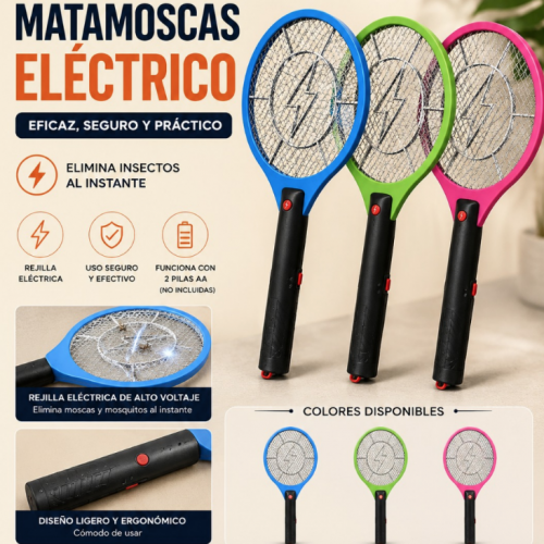 Matamoscas eléctrico de pilas AA (no incluidas) Colores variados. Diseño ligero y práctico para uso doméstico. Venta por mayoreo