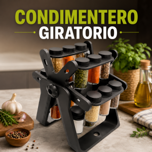 Condimentero giratorio negro con frascos transparentes, ideal para organizar especias en la cocina. Venta por mayoreo