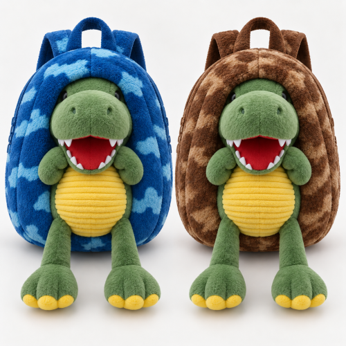 Mochila de dinosaurio con diseño de peluche colores variados, ideal para uso infantil. Venta por mayoreo