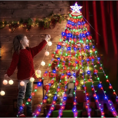 1pc 193 Luces LED De Cascada De Estrellas, 9 tiras colgantes de 2 m, 8 Modos De Luces De Cadena Para Interiores Y Exteriores Para Adorno De Cortina De Ventana, Patio, Árbol De Navidad, Hogar, Luces Navideñas DP-10125