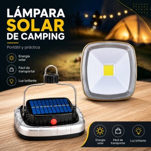Pequeña lámpara solar de camping portátil con panel solar visible, asa metálica y reflector frontal cuadrado. Ideal para iluminación en exteriores. Venta por mayoreo