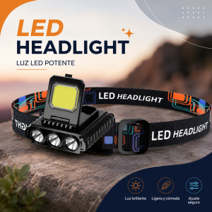 Linterna frontal tipo diadema con diseño compacto, varios focos al frente y banda elástica ajustable. Ideal para actividades nocturnas, trabajo y hogar. Venta por mayoreo
