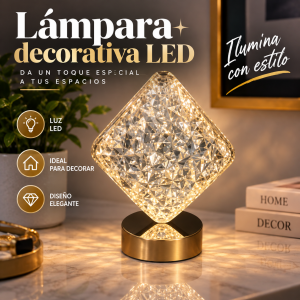 Lámpara decorativa LED con diseño facetado y base redonda, ideal para decorar interiores. Venta por mayoreo
