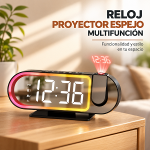Reloj digital multifunción con pantalla tipo espejo y proyector de hora, ideal para recámara, escritorio o buró. Venta por mayoreo