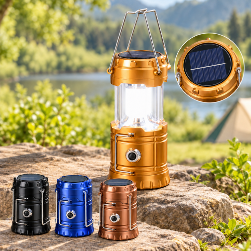 Lámpara LED para acampar con panel solar integrado y asa, ideal para camping y uso en exteriores. Venta por mayoreo