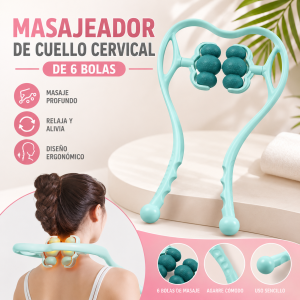 Masajeador cervical manual con 6 ruedas giratorias ideal para cuello y hombros. Diseño práctico y portátil. Venta por mayoreo