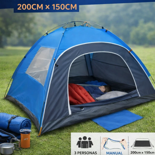 Casa de campaña manual para 3 personas, ideal para playa y exteriores. Medida 200x150 cm colores variados azul y verde. Fácil armado. Venta por mayoreo modelo DY150