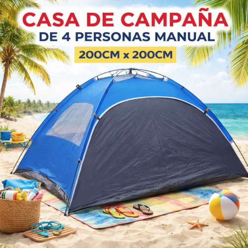 Casa de campaña manual para 4 personas ideal para playa y exteriores. Medida 200x200 cm en colores azul y verde. Fácil armado. Venta por mayoreo modelo DY200