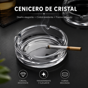 Cenicero de cristal transparente, diseño redondo y elegante con ranuras para apoyar cigarrillos. Ideal para hogar, bar o oficina. Venta por mayoreo