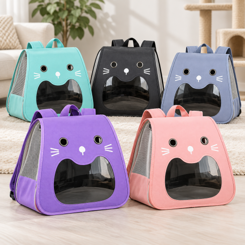 Mochila transportadora para mascotas con diseño de gato, ventana transparente, laterales de malla y colores surtidos. Ideal para traslados. Venta por mayoreo