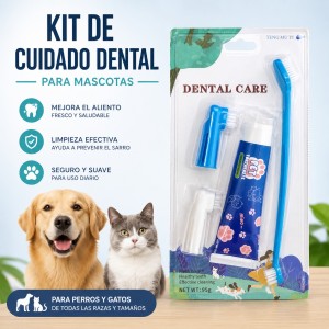 Set de cuidado dental de 4 piezas para mascotas, ideal para apoyar la limpieza bucal diaria. Incluye pasta dental y accesorios visibles en empaque. Venta por mayoreo