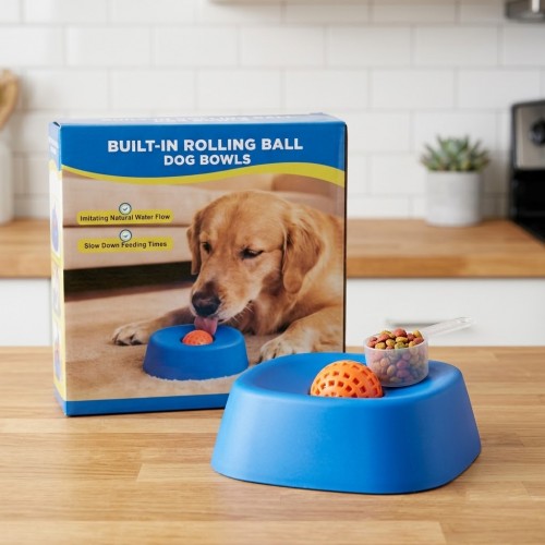Comedero interactivo para mascotas con pelota giratoria integrada, ideal para dosificar el consumo y enriquecer la hora de alimentación. Venta por mayoreo