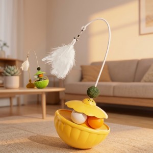 Juguete interactivo para gatos con base balancín, diseño de flor, varilla flexible y pluma, ideal para estimular el juego y la actividad. Venta por mayoreo