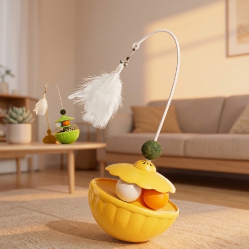 Juguete interactivo para gatos con base balancín, diseño de flor, varilla flexible y pluma, ideal para estimular el juego y la actividad. Venta por mayoreo