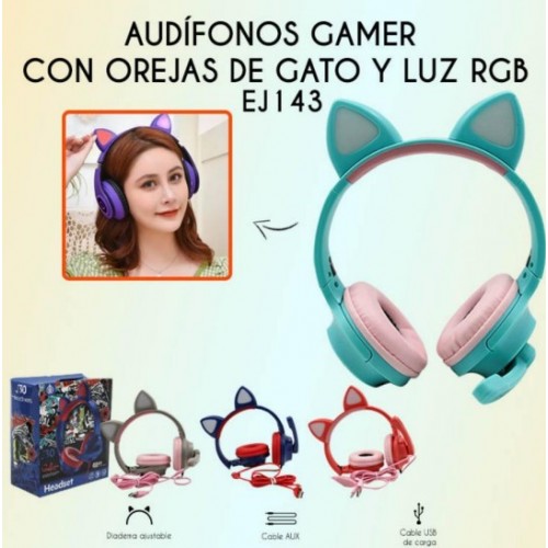 Audifonos de diadema con orejas de gato y luz rgb  EJ143