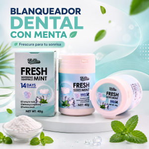 Blanqueador dental en polvo con aroma a menta, presentación de 40 g para cuidado bucal (quitar manchas y aliento fresco). Venta por mayoreo