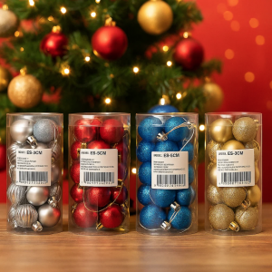 Set de esferas navideñas pequeñas de plástico. 30 piezas por bote, colores surtidos (rojo, dorado, plata y azul) Venta por mayoreo .ES-3CM