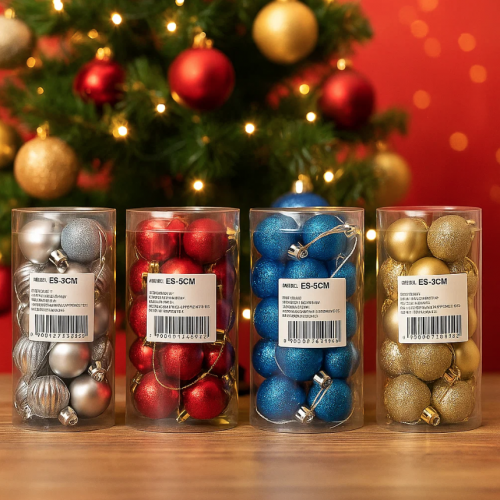 Set de esferas navideñas pequeñas de plástico. 30 piezas por bote, colores surtidos (rojo, dorado, plata y azul) Venta por mayoreo .ES-3CM