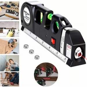 Nivel láser multifunción 4 en 1 con cinta métrica, regla y niveles de burbuja para medición y alineación precisa en trabajos de construcción y bricolaje. Venta por mayoreo.