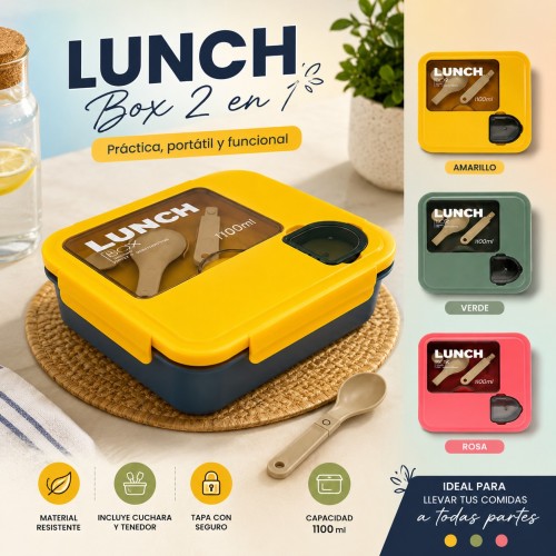 Lonchera con cubiertos y mini recipiente para aderezos de 1100ml verde/roja/amarilla/azul. Venta por mayoreo