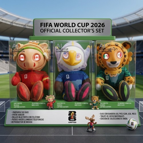 Juguete interactivo de mascotas del mundial con luces LED ideal para entretenimiento infantil. Diseño moderno con funciones de sonido y conexión a teléfono. Venta por mayoreo