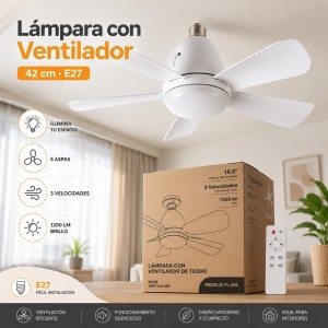 Lámpara con ventilador de techo con 5 aspas, 16" 42 cm, 3 velocidades y 1200 lm. Venta por mayoreo