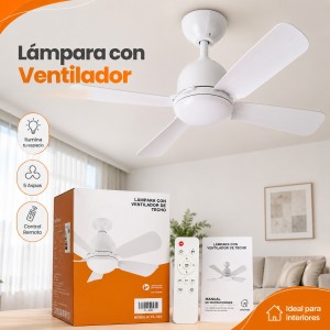 Lámpara con ventilador de techo con 5 aspas, control remoto. Tamaño 20.5" Ideal para espacios interiores. Venta por mayoreo