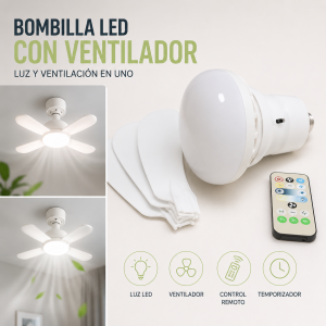 Ventilador tipo foco LED con aspas plegables y control remoto. Ideal para iluminar y refrescar espacios. Venta por mayoreo