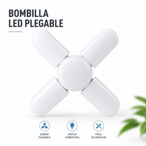 Foco con 4 aspas plegables y rosca. Fácil instalación y diseño compacto. Venta por mayoreo