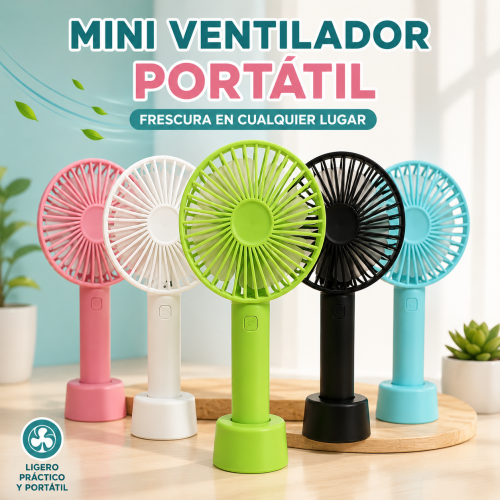 Mini ventilador portátil con base en varios colores, ideal para uso personal en casa, oficina o viaje. Venta por mayoreo.