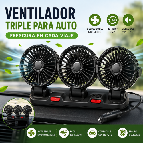 Ventilador triple para vehículo con tres cabezales y conector para encendedor, ideal para ventilación interior del automóvil. Venta por mayoreo