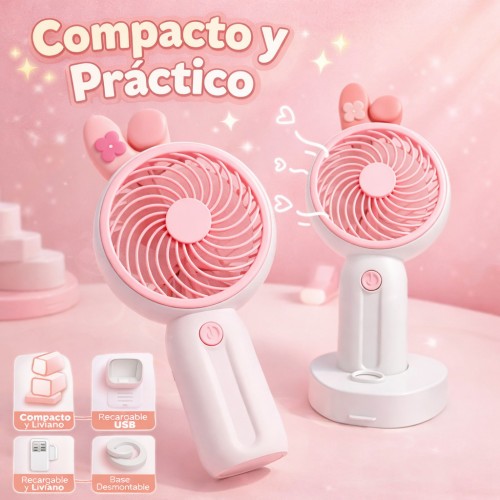 Ventilador portátil de mano ajustable, ligero, de diseños animados con soporte para teléfono móvil recargable, por Mayoreo FS342