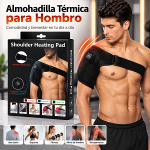 Almohadilla térmica para hombro con correa ajustable y control de temperatura, ideal para brindar calor localizado. Venta por mayoreo