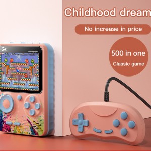 Consola portátil G5 con pantalla de 2.8 pulgadas y 500 juegos clásicos integrados. Incluye batería recargable, cable de carga y diseño compacto ideal para niños y adultos. Venta por mayoreo