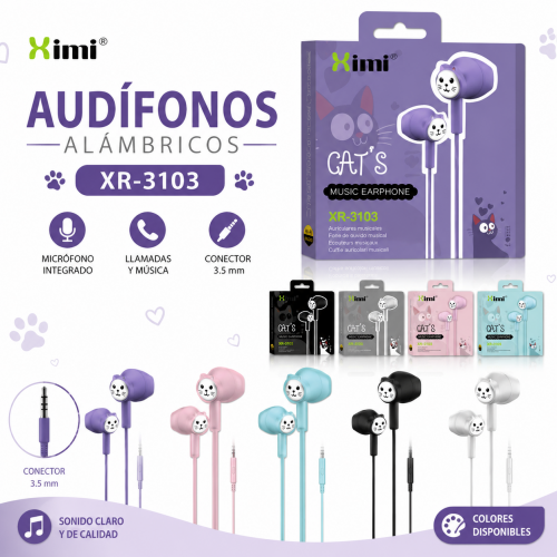 Compra audífonos alámbricos Ximi XR-3103 con micrófono y diseño de gato. Disponibles en colores variados.