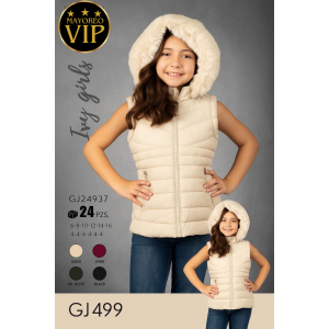 Chaleco acolchado premium para niña, con capucha forrada de peluche suave, cierre completo y bolsillos frontales con zipper Gorro Desmontable.  Con Forro Cálido.  Venta al por mayor GJ499