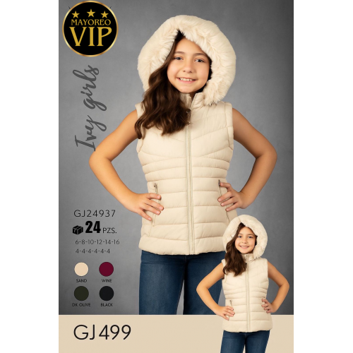 Chaleco acolchado premium para niña, con capucha forrada de peluche suave, cierre completo y bolsillos frontales con zipper Gorro Desmontable.  Con Forro Cálido.  Venta al por mayor GJ499