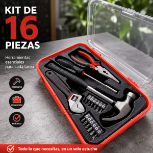 Kit de herramientas de 16 piezas en estuche, incluye martillo, pinzas, perico, desarmador y puntas intercambiables para tareas básicas. Venta por mayoreo