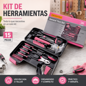 Kit de herramientas de 39 piezas en estuche rígido, ideal para uso en casa o taller. Práctico, organizado y fácil de transportar. Venta por mayoreo