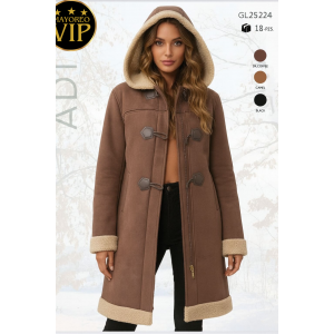 Abrigo para dama tipo duffle con forro de borrega, broches frontales y capucha amplia. Ideal para invierno, súper calientito, cómodo y elegante. Venta al por mayor GL25224