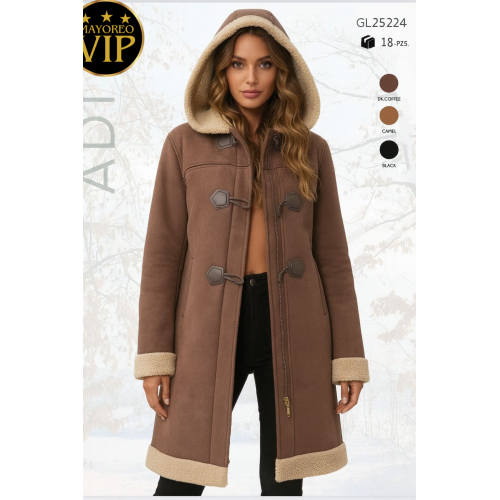Abrigo para dama tipo duffle con forro de borrega, broches frontales y capucha amplia. Ideal para invierno, súper calientito, cómodo y elegante. Venta al por mayor GL25224
